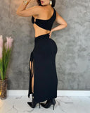 One Shoulder Drawstring High Slit Bodycon Dress