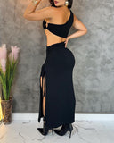 One Shoulder Drawstring High Slit Bodycon Dress