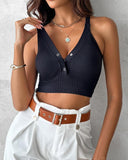 Seamless Buttoned V Neck Sleeveless Rib Knit Crop Top