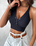 Seamless Buttoned V Neck Sleeveless Rib Knit Crop Top