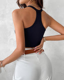 Seamless Buttoned V Neck Sleeveless Rib Knit Crop Top