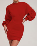 O neck Lantern Sleeve Mini Bodycon Sweatshirt Dress