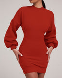 O neck Lantern Sleeve Mini Bodycon Sweatshirt Dress