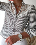 Striped Stand Collar Long Sleeve Lace Trim Shirt Casual Button Down Blouse