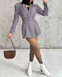 Notched Collar Puff Sleeve 2 in 1 Blazer Romper With Detachable Belt