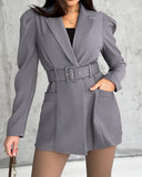 Notched Collar Puff Sleeve 2 in 1 Blazer Romper With Detachable Belt