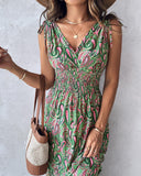 Paisley Print Shirred Drawstring V Neck Casual Dress