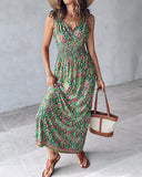 Paisley Print Shirred Drawstring V Neck Casual Dress