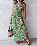 Paisley Print Shirred Drawstring V Neck Casual Dress