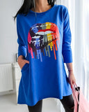 Rainbow Lip Print Crewneck Top Long Sleeve Loose Fit Tee with Pockets