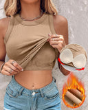 2 Piece Built in Bra Crewneck Tank Top Terry Towelling Lined Sleeveless Slim Fit Layering Shirt Tops