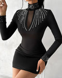 Rhinestone Decor Long Sleeve Bodycon Dress