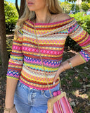 Geometric Chevron Pattern Off Shoulder Top