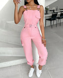 Pocket Buckle Design Cargo Suspender Jumpsuit