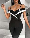 Colorblock Cold Shoulder Ruffles Jumpsuit