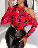 Floral Print Cold Shoulder Long Sleeve Top