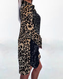 Contrast Sequin Leopard Print Satin Shirt Dress