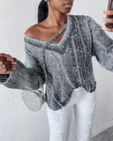 Ombre V Neck Contrast Sequin Drop Shoulder Knit Sweater