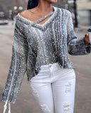 Ombre V Neck Contrast Sequin Drop Shoulder Knit Sweater