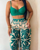 Palm Leaf Print Pocket Design Wide Leg Pants