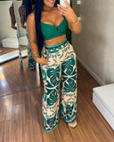 Palm Leaf Print Pocket Design Wide Leg Pants