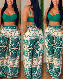 Palm Leaf Print Pocket Design Wide Leg Pants