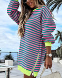 Striped Colorblock Oversized Sweatshirt Long Sleeve Crewneck Side Zipper Design Casual Dress