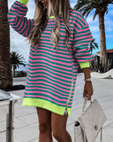 Striped Colorblock Oversized Sweatshirt Long Sleeve Crewneck Side Zipper Design Casual Dress