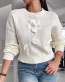 Floral Pattern Pearls Decor Long Sleeve Knit Sweater