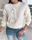 Floral Pattern Pearls Decor Long Sleeve Knit Sweater