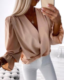 Deep V Neck Bell Long Sleeve Blouse Ruched Wrap Pullover Shirt