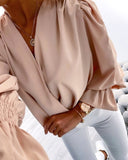 Deep V Neck Bell Long Sleeve Blouse Ruched Wrap Pullover Shirt