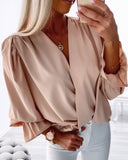 Deep V Neck Bell Long Sleeve Blouse Ruched Wrap Pullover Shirt