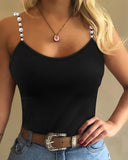 Pearls Strap V Neck Ribbed Cami Top