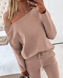 2PCS Solid Skew Neck Long Sleeve Top & Stretchy Waist Pants Set