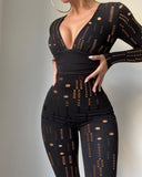 Hollow Out Deep V Neck Skinny Jumpsuit