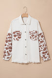 White Cow Spot Patchwork Flap Pocket Distressed Hem Long Denim Jacket