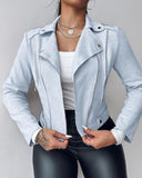 Lapel Collar Zip Up Long Sleeve Motor Biker Short Coat Pocket Design Jacket