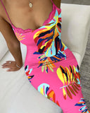 Tropical Print Lace Trim Spaghetti Strap Bodycon Dress