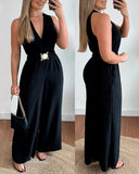 Plunge Sleeveless Wide Leg Jumpsuit