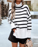 Striped High Neck Side Slit Knit Sweater