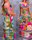 Tropical Print Backless Hollow Out Dress