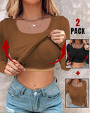 2 Piece U Neck Long Sleeve Athletic Tank Tops with Built In Bras Ribbed Design Casual Pack Top