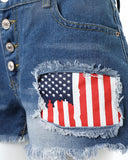 Independence Day Flag Print Buttoned Fringe Denim Shorts