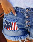 Independence Day Flag Print Buttoned Fringe Denim Shorts
