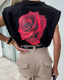 Back Rose Print Cap Sleeve T Shirt