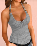 Halter Buttoned Chain Decor Ribbed Tank Top