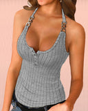 Halter Buttoned Chain Decor Ribbed Tank Top