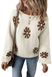 White Colorblock Floral Pattern Round Neck Sweater