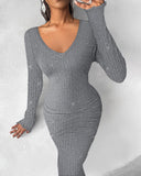 V Neck Long Sleeve Rhinestone Decor Ribbed Bodycon Dress